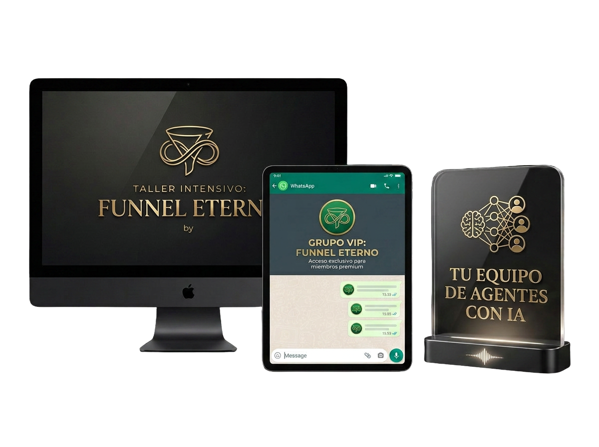 Mockup del taller Funnel Eterno: área de miembros y grupo VIP en WhatsApp